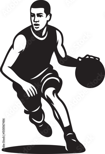Basketball player dribbling graphic, sports action silhouette