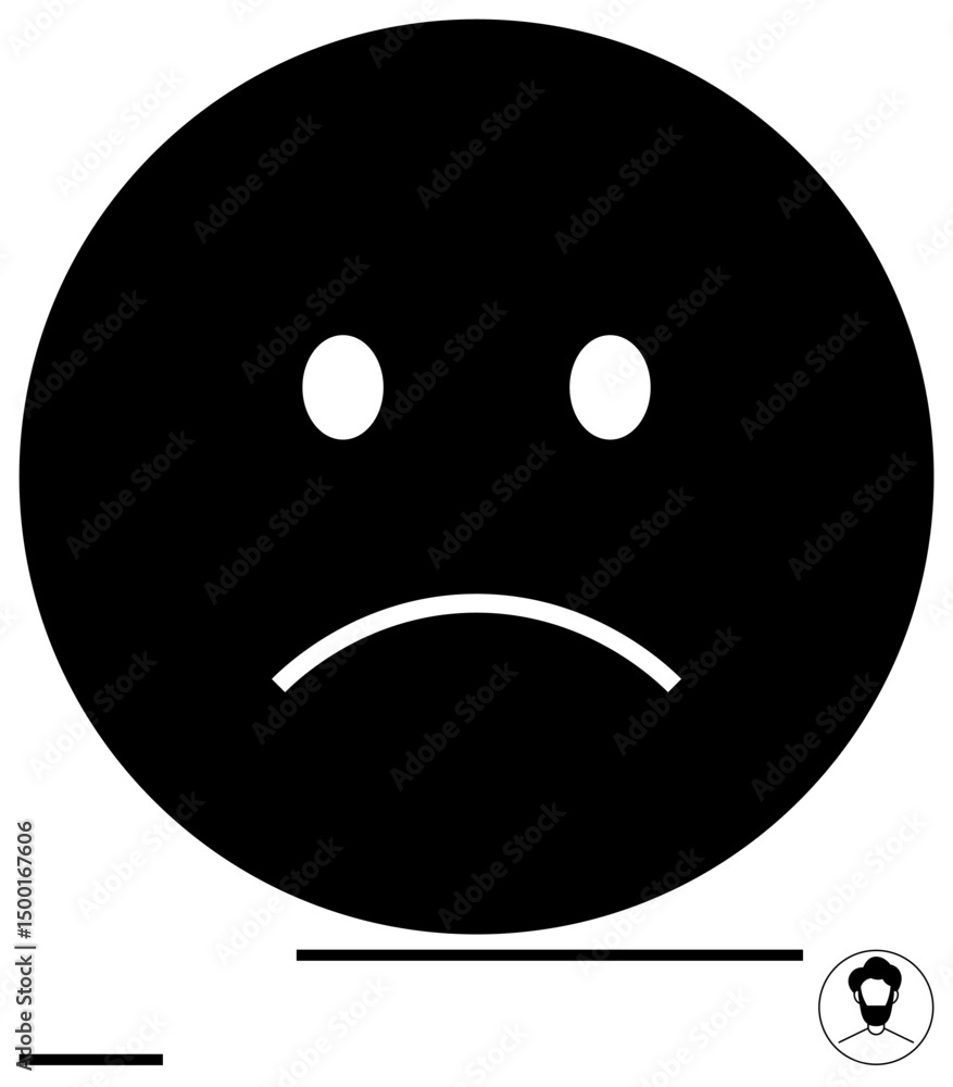 Fototapeta premium Black circle with two white eyes and a downward-curved mouth for sadness. Ideal for emotions, mental health, melancholy, simplicity, communication, mood tracking, and a simple landing page
