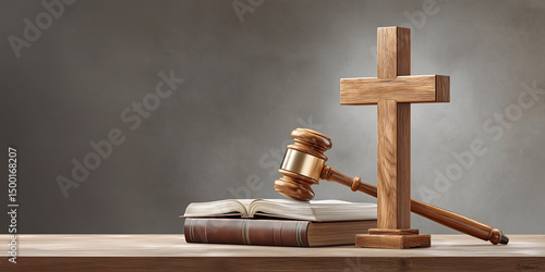 A wooden cross and gavel resting on an open bible, set against a neutral backdrop, symbolizing faith, law, and justice