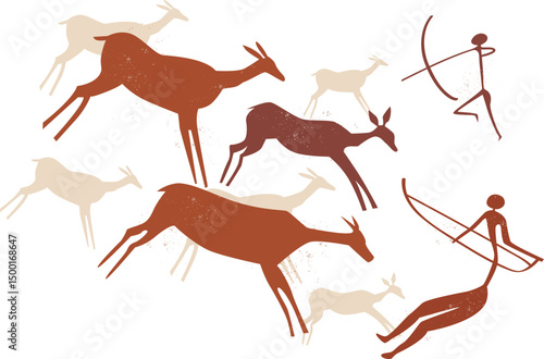 Cave art style illustration of wild animals and hunters on white background. Perfect for themes related to prehistory, ancient culture, anthropology, early human history, and symbolic storytelling.
