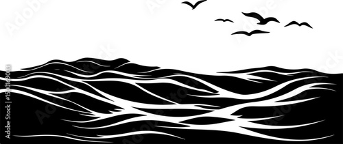minimalist graphic of ocean with birds