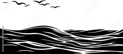 minimalist graphic of ocean with birds