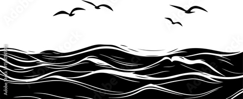 minimalist graphic of ocean with birds