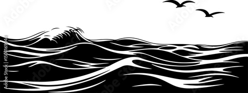 minimalist graphic of ocean with birds