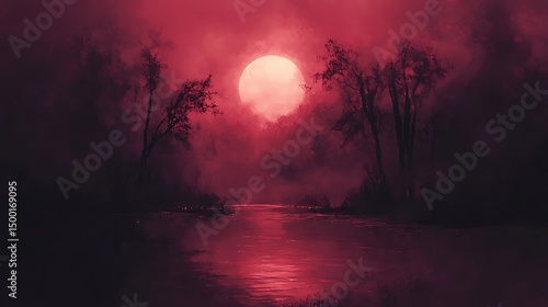 Misty Sunset Over a River in Surreal Red Hues