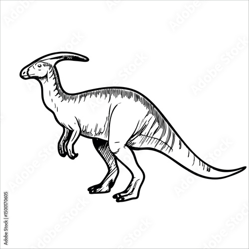 A hand-drawn illustration of a dinosaur, specifically a hadrosaur, showcasing its distinctive features such as a long tail and a duck-bill. 
