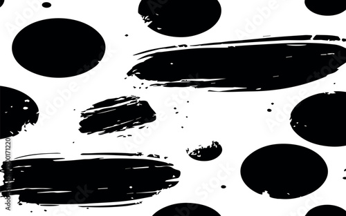 Abstract black ink brush strokes and circles seamless pattern