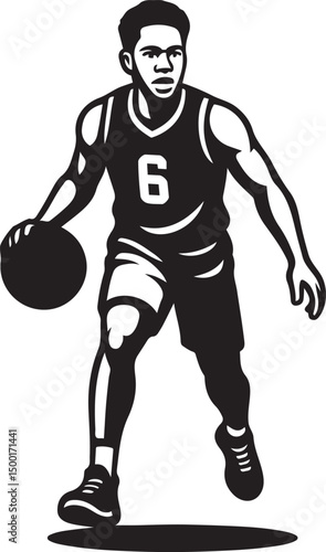 Basketball athlete in action, dynamic dribble silhouette