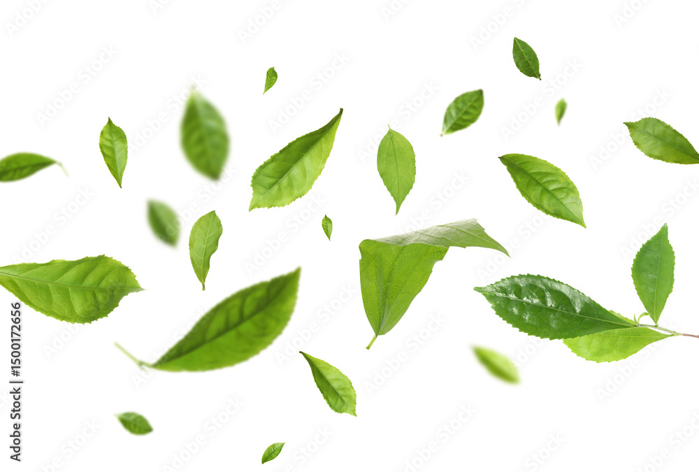 Green tea leaves in air on white background Green tea leaves in air on white background