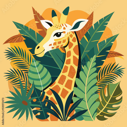 Cute cartoon giraffe in jungle grass wildlife vector illustration