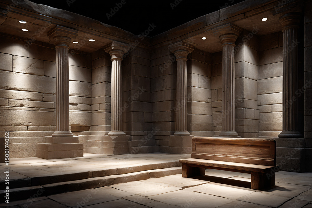 Naklejka premium Ancient Columns and Bench Inside a Stone Building with Architectural Design. The scene is illuminated by spotlight 