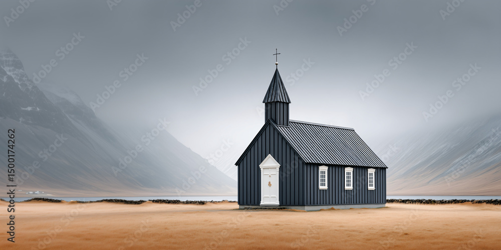 A picturesque black church stands peacefully in a serene rural landscape A picturesque black church stands peacefully in a serene rural landscape
