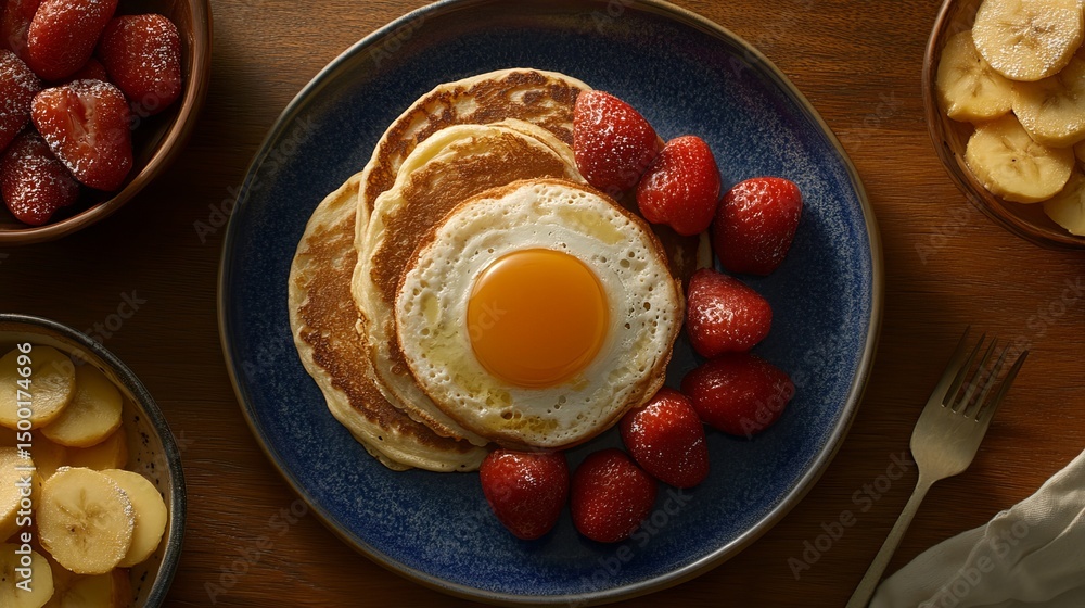 Pancakes are topped with fried egg and strawberries on a blue plate, next to bowls of fruit. Pancakes are topped with fried egg and strawberries on a blue plate, next to bowls of fruit.