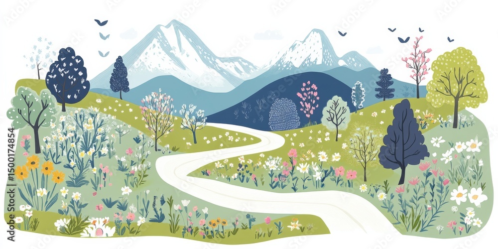Naklejka premium a beautiful mountain landscape with winding road, green grass, trees, flowers, blue sky, and snow-capped peaks in the distance