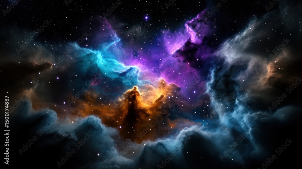 A vibrant cosmic nebula showcases rich hues of blue, purple, and orange swirling among bright stars against the vastness of deep space, creating a mesmerizing celestial display. A vibrant cosmic nebula showcases rich hues of blue, purple, and orange swirling among bright stars against the vastness of deep space, creating a mesmerizing celestial display.