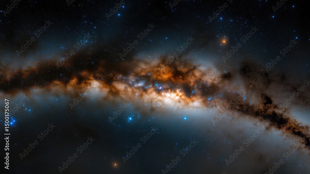 Fototapeta premium This stunning cosmic view showcases a vibrant spiral galaxy with swirling arms illuminated by countless stars. The image captures the intricate details and colors of deep space.