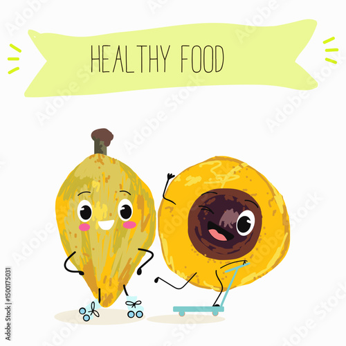 lucuma fruit cute funny cheerful characters with different poses and emotions. Vector hand drawnvector illistration.