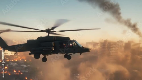 Attack Helicopter Flying Over Burning City During Apocalyptic Battle