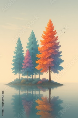 Tranquil Autumn Reflections on a Forest Island