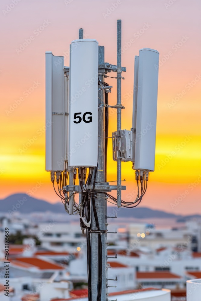 5g cellular antenna transmitting data at sunset over the city 5g cellular antenna transmitting data at sunset over the city