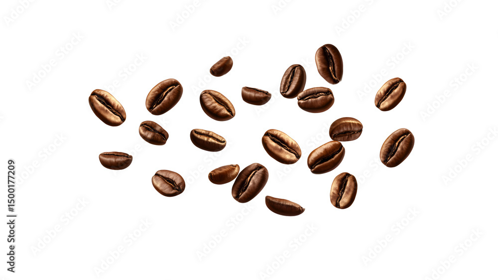 Obraz premium Roasted Coffee Beans Falling on Transparent Background - Aromatic Coffee Concept