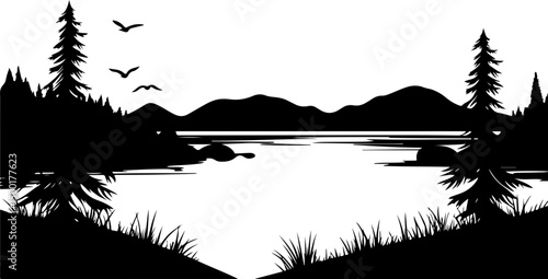 silhouette of lake landscape with mountains