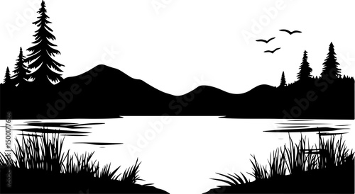 silhouette of lake landscape with mountains