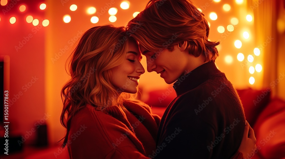 Smiling couple embraces affectionately with foreheads touching in a warm, softly lit room decorated with string lights. Smiling couple embraces affectionately with foreheads touching in a warm, softly lit room decorated with string lights.