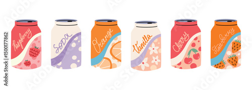 Hand drawn illustration set of various soft drinks. Cold canned soda.