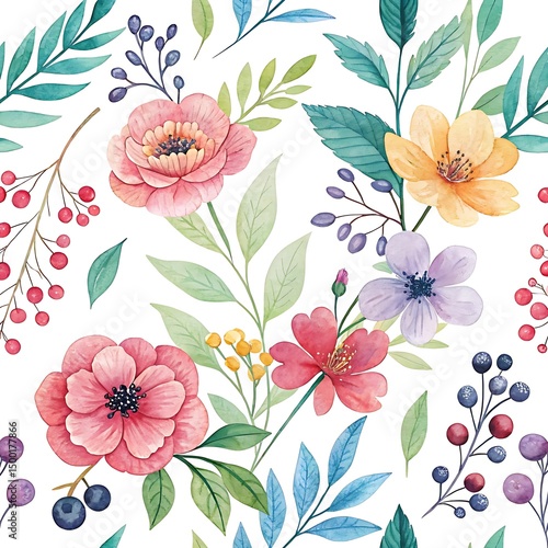 Wallpaper Mural Colorful Floral Watercolor Collection with Leaves and Berries white background Torontodigital.ca