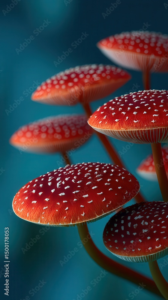 Obraz premium Magical red mushrooms growing against teal background