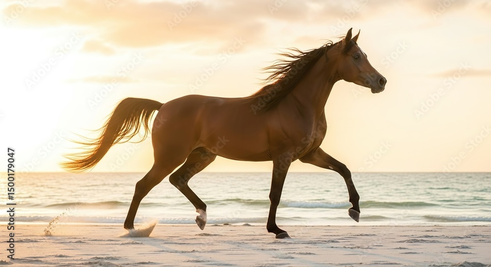 Elegant Arabian horse galloping along ocean shore at sunset with waves and golden light
Elegant Arabian horse galloping along ocean shore at sunset with waves and golden light