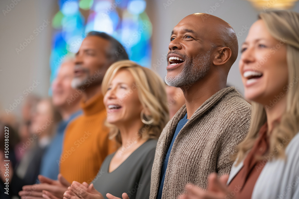 Fototapeta premium A diverse group of people of varying ages singing together in what appears to be a church, with stained glass in the background