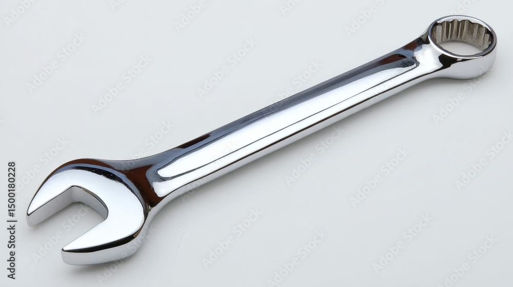 A single, highly polished wrench lies on a white surface, ready for repair and construction. A single, highly polished wrench lies on a white surface, ready for repair and construction.