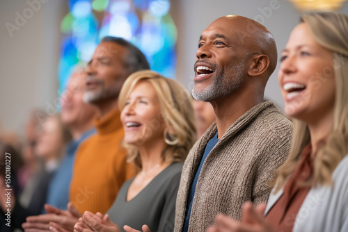 A diverse group of people of varying ages singing together in what appears to be a church, with stained glass in the background