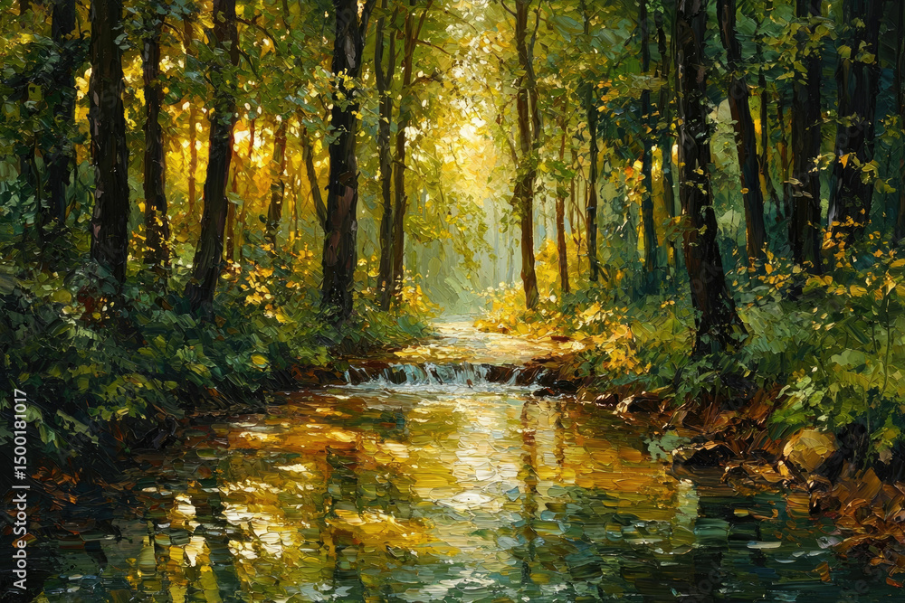 Fototapeta premium Sunlit stream flows through a lush green forest, creating a serene and peaceful atmosphere.