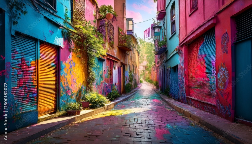 Fototapeta premium urban exploration banner showing a gritty alley with vibrant splashes of color