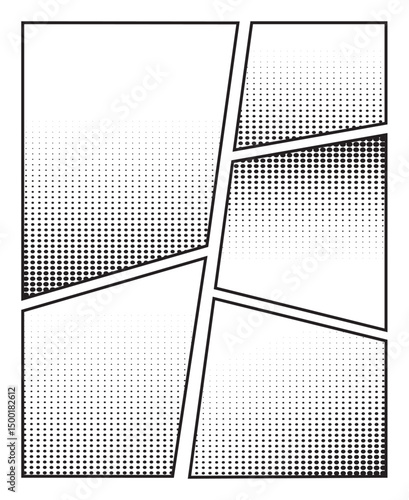Comic book panel storyboard style, blank manga cartoon panels template with halftone effect