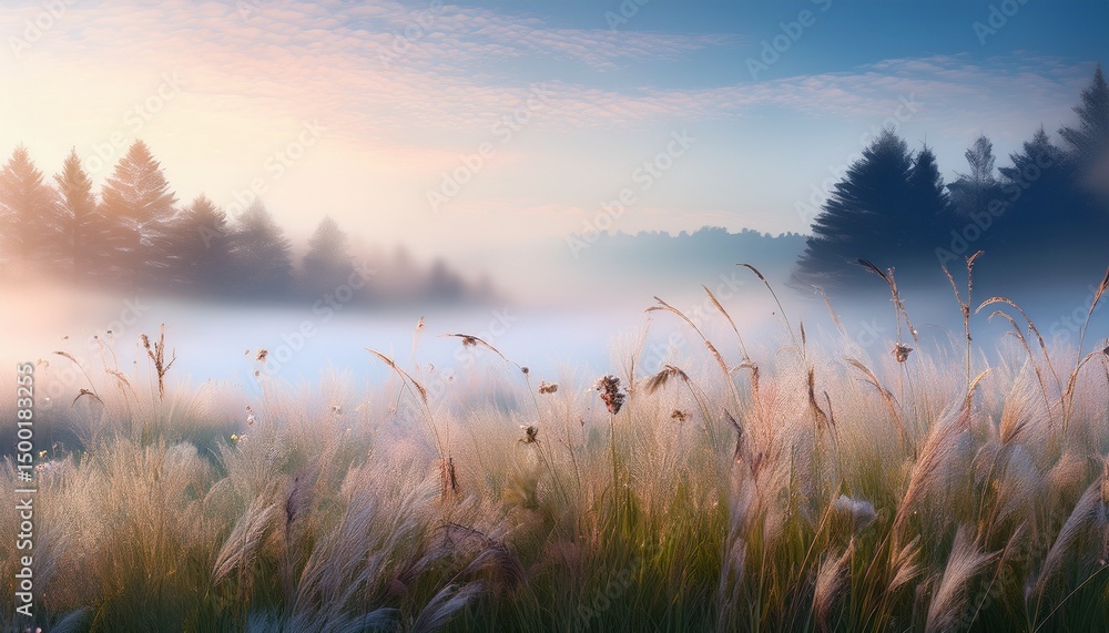 Fototapeta premium serene misty landscape with soft hues and gentle grasses