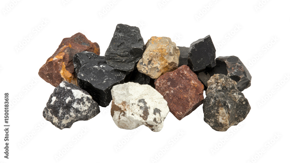 Naklejka premium Collection of Multicolored Rough Stones and Rocks on White Background