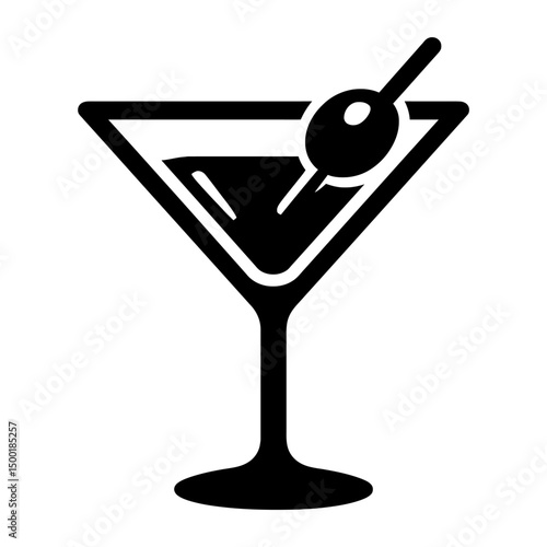 Simple Black Outline Martini Cocktail Glass Icon with Olive Garnish