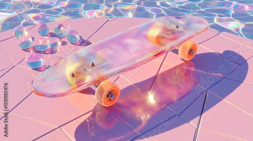 Iridescent skateboard by pool, summer vibe, 3D render