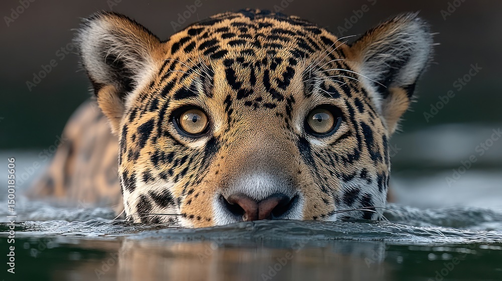 Obraz premium Jaguar swimming, rainforest river, sunset, wildlife conservation