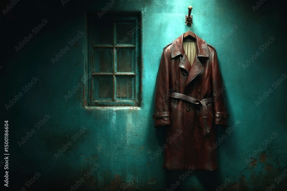Naklejka premium Vintage Leather Coat Hanging on a Wall with Window Atmospheric Interior Scene for Mystery and