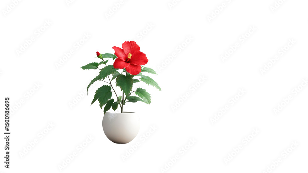 Obraz premium Vibrant Red Hibiscus Flower in a White Pot, Isolated on Transparent Background