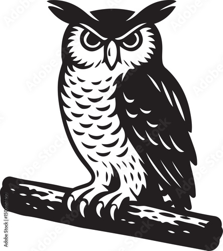 Owl silhouette black and white drawing, Stylized bird perched outline art