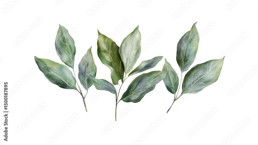 Naklejka premium Watercolor Painting of Elegant Green Leaves on Branches, Isolated on Transparent Background
