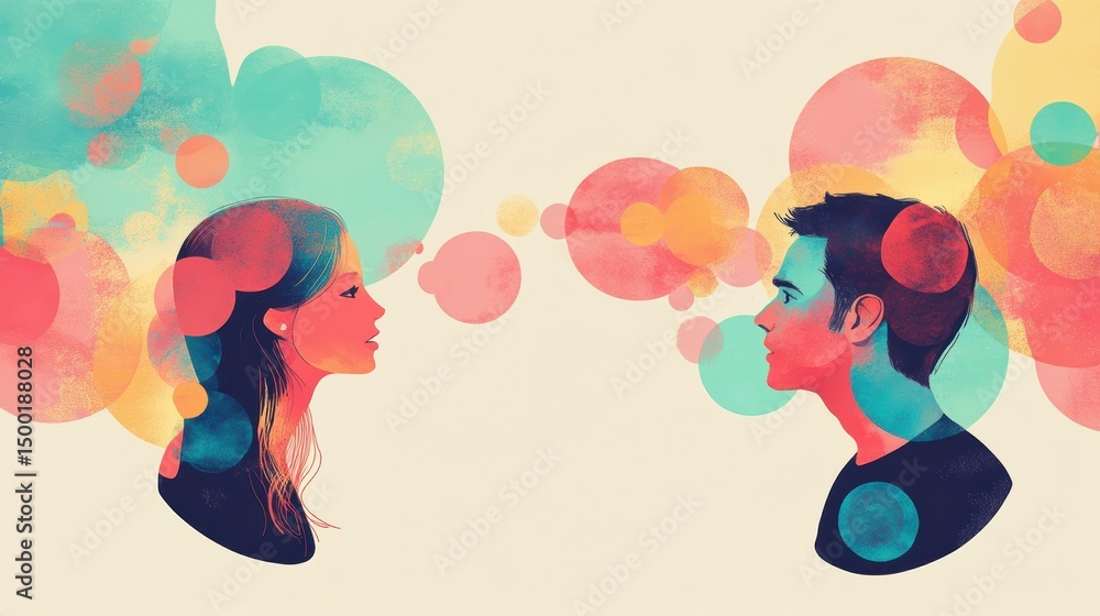 Colorful illustration of a man and woman in profile, facing each other, surrounded by abstract bubbles. Colorful illustration of a man and woman in profile, facing each other, surrounded by abstract bubbles.