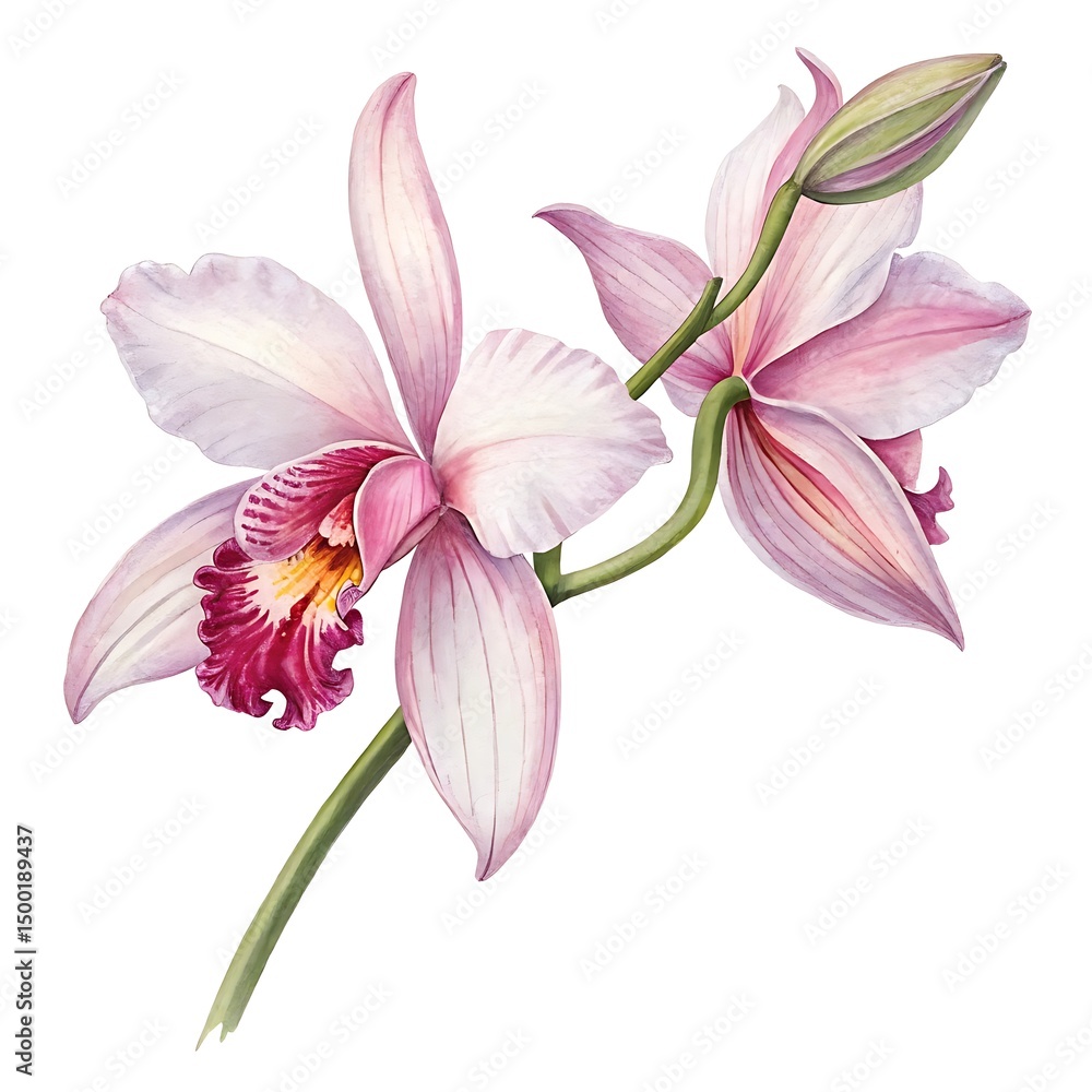 Fototapeta premium Orchid Watercolor Botanical Illustration Isolated on White background
