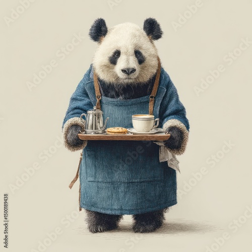 Panda barista serves coffee, pastries, neutral background, cafe menu